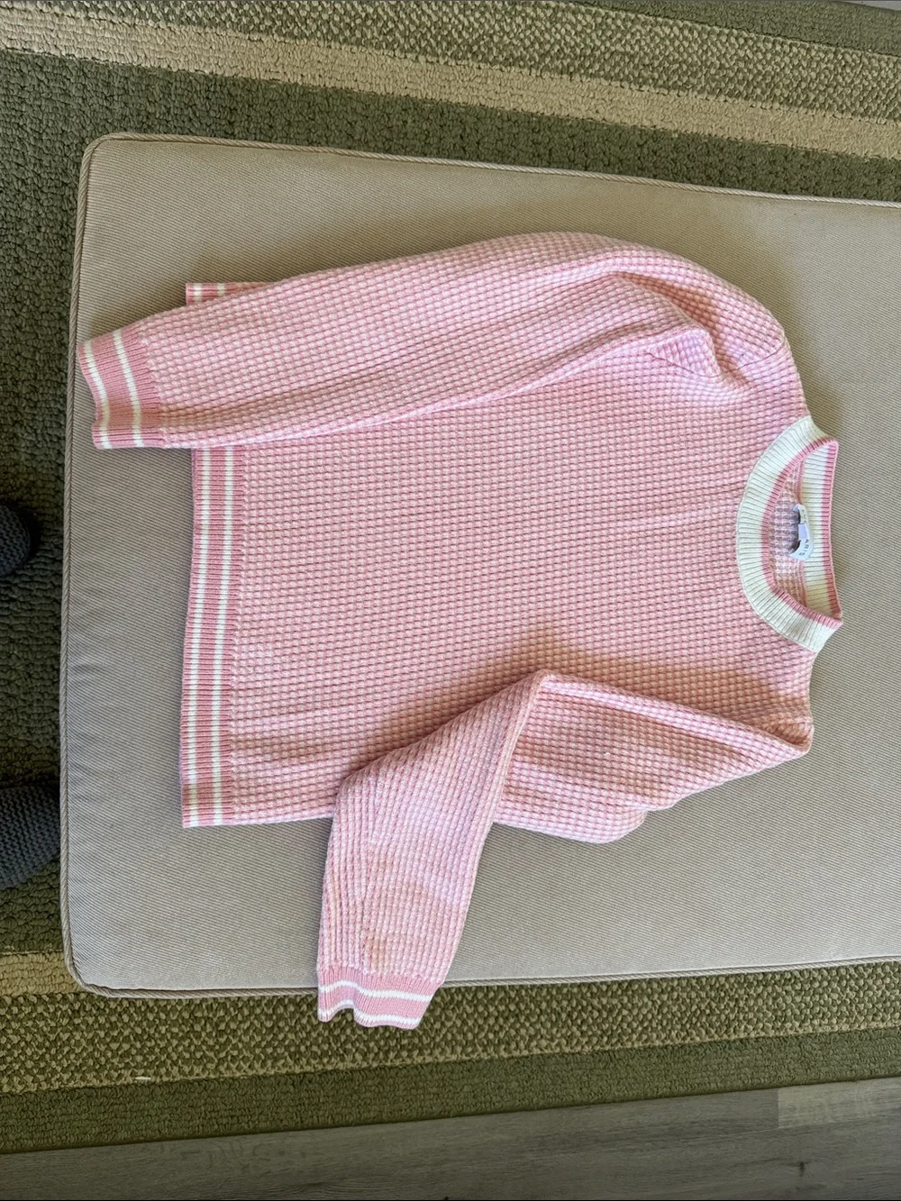 Lucy Paris Pale Pink Waffle Knit Crew Sweater with White Trim
